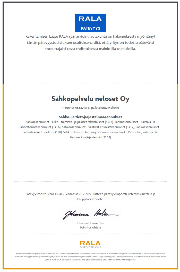 Sähköpalvelu nelosille myönnetty RALA-pätevyys
